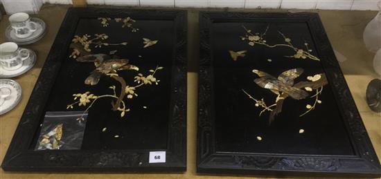 Pair of Japanese Shibayama panels, mounted with birds and prunus in ivory, mother of pearl & wood